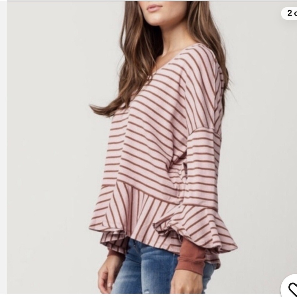 EUC Free People Round About Thermal Peplum LS Tee Stripe Pink Brown Medium - Picture 2 of 10